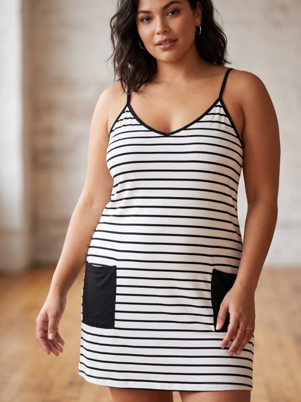 NWT APRRAIN Black and White Striped Sleeveless Tank Dress with Pockets | 3XL
